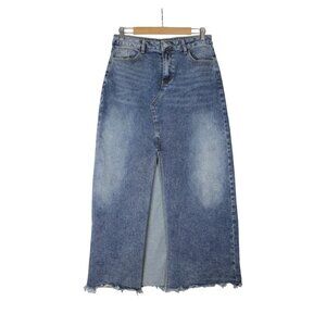 Freemarket women's vintage wash raw‎ hem front slit denim maxi skirt L